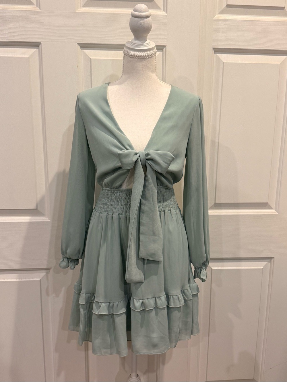 Tie Front Mini Dress XS Long Sleeve Ruffle Cottagecore Boho - Picture 8 of 9